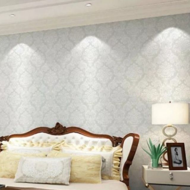 Decal giấy dán tường châu âu hoa văn màu trắng khổ rộng 45cm