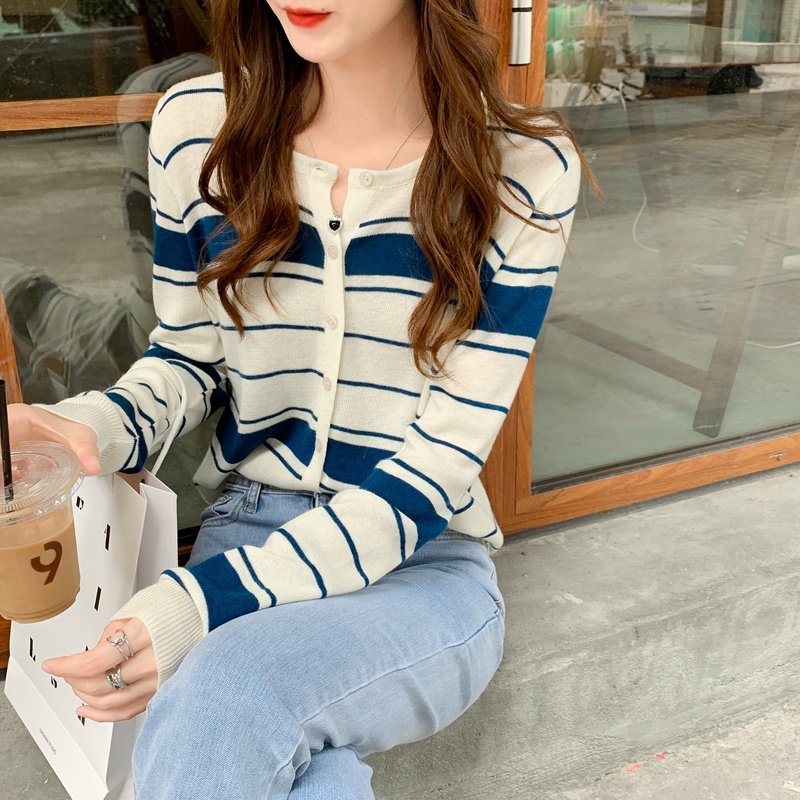 Áo cardigan ZHELIHANGFEI dệt kim tay dài dáng rộng lưng cao kẻ sọc thời trang tùy chọn màu sắc