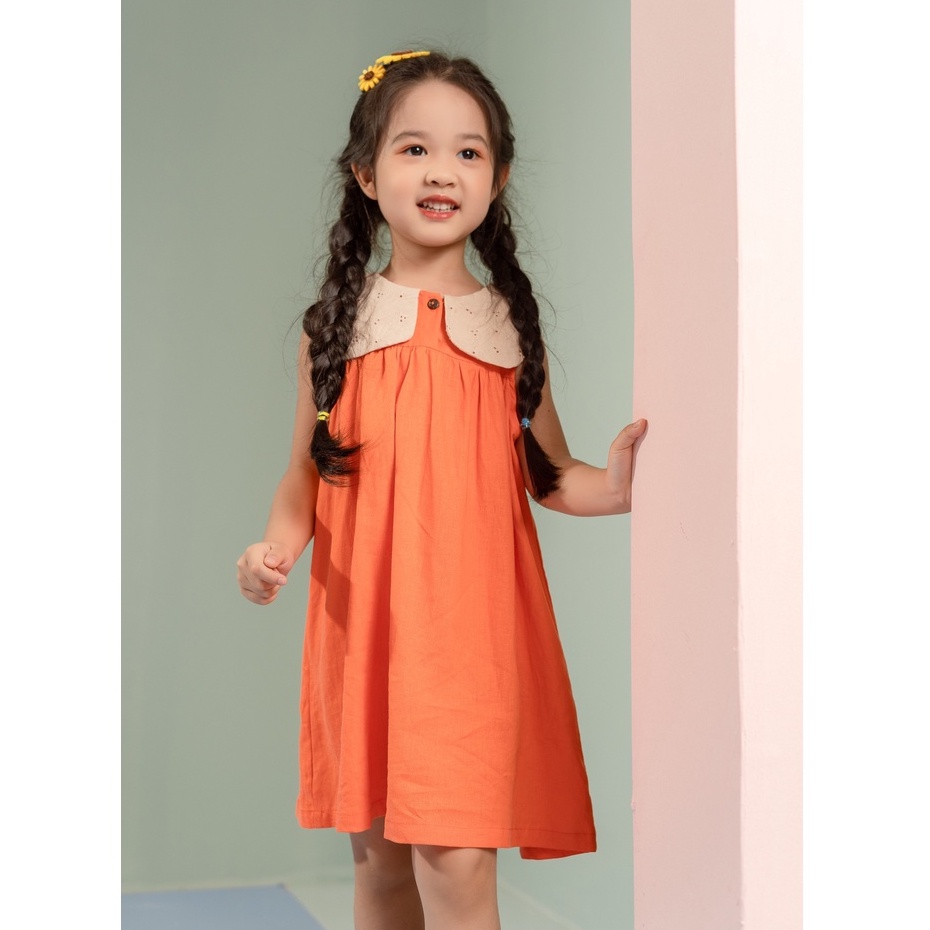 [LITTLE PINK] JULEEN DRESS - Váy Linen cam cổ be