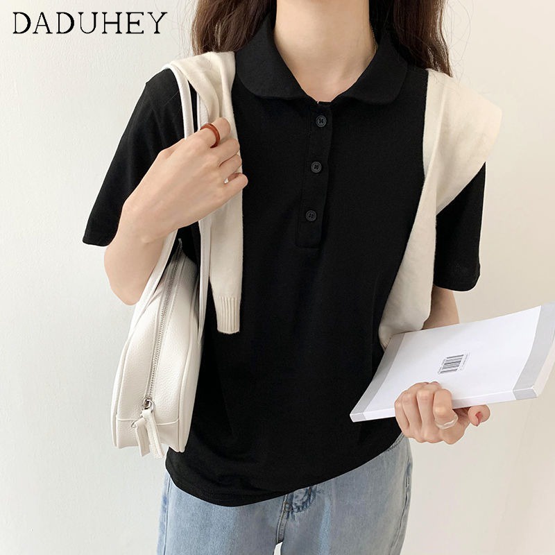 Daduhey Áo thun polo tay ngắn có ve áo màu trơn phong cách mùa hè phương Tây 4 màu cho nữ