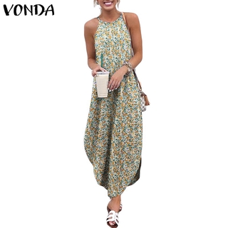 Đầm dài VONDA không tay in hoa viền không đối xứng kiểu mùa hè cho nữ