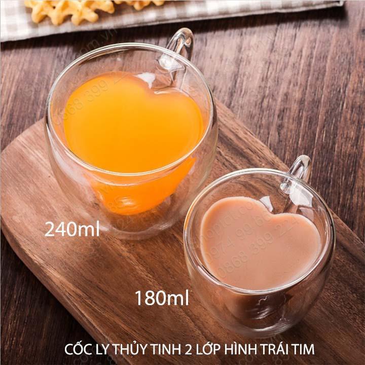 Cốc ly thủy tinh 2 lớp hình trái tim, dùng uống cà phê, trà, sữa, loại 180ml-240ml tùy chọn