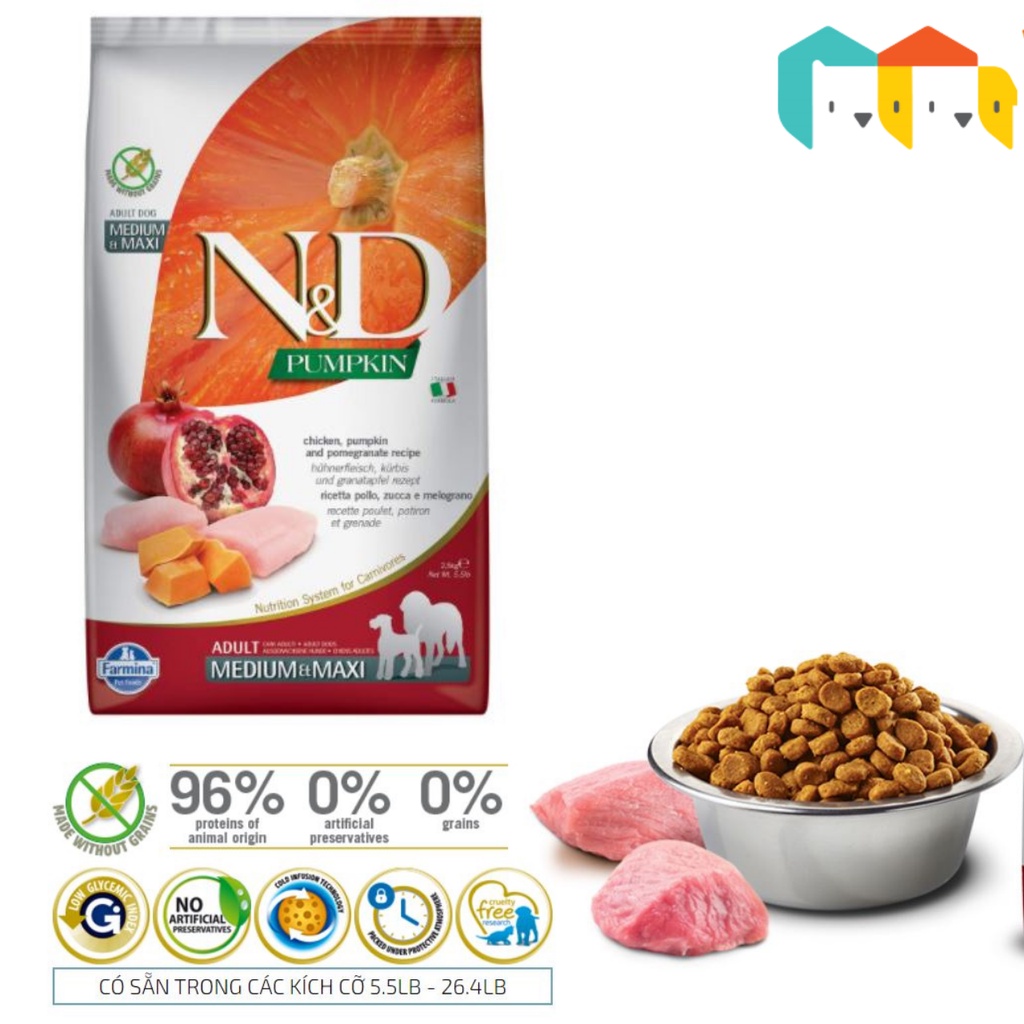 [CODE 5% YUPPY5] Farmina dòng N&amp;D Pumpkin - Grain Free Gà và Lựu cho chó trưởng thành  size lớn 12kg