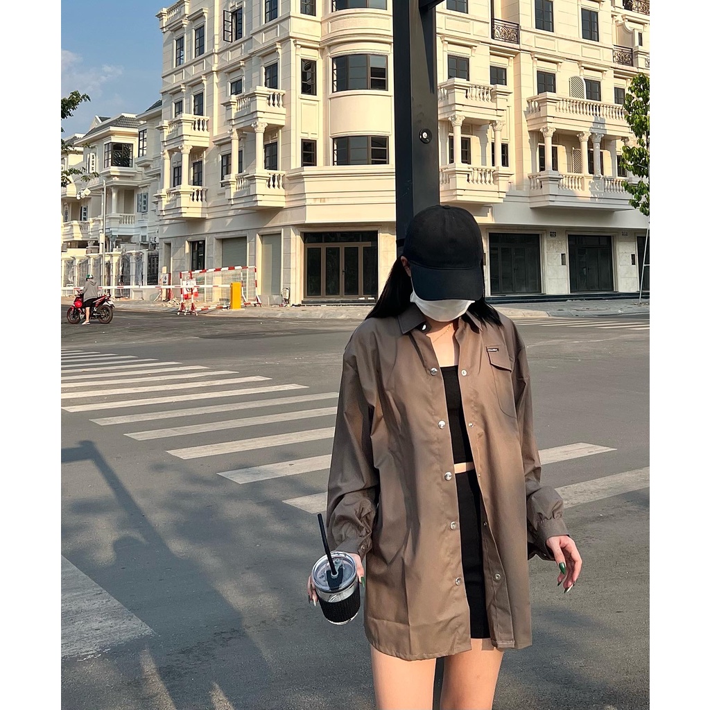 Áo Sơ Mi Nữ Hàn Quốc Vải Cát Thô Form Rộng Dài Tay Sơ Mi Nữ Có Nút Bấm Tay Phồng 3 Màu Xanh Bơ Nâu Xám MACLI 1738