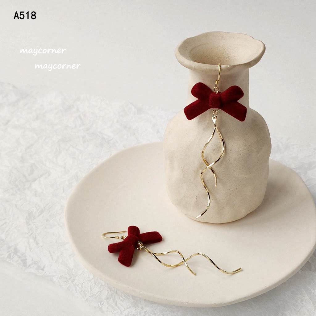 Khuyên tai cao cấp mạ bạc 925 dáng dài nơ xinh xắn