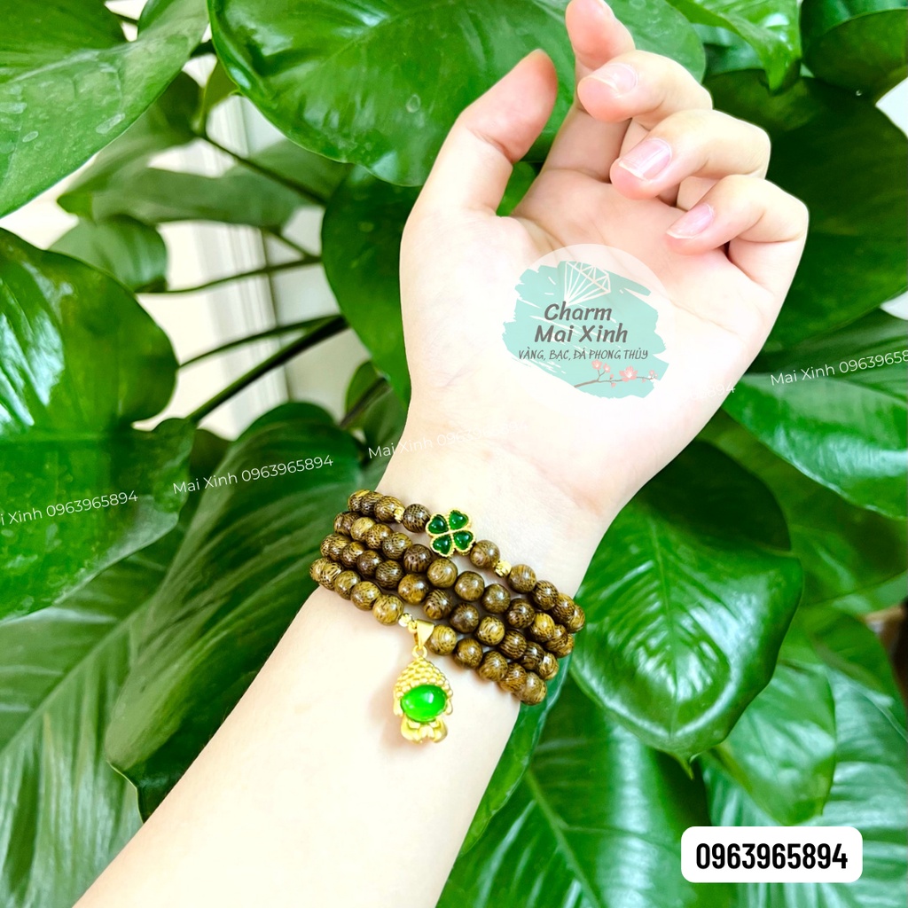 Chuỗi Trầm Hương Tốc &amp; Sánh Chìm 108 Hạt Phối Charm Hoa  + Móc treo Diện Phật - Vòng Tay Hoa Gỗ tự nhiên Nam Nữ