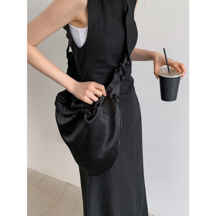 Đầm hai dây ZHELIHANGFEI dáng dài lưng cao màu trơn kiểu retro Pháp thời trang mùa hè