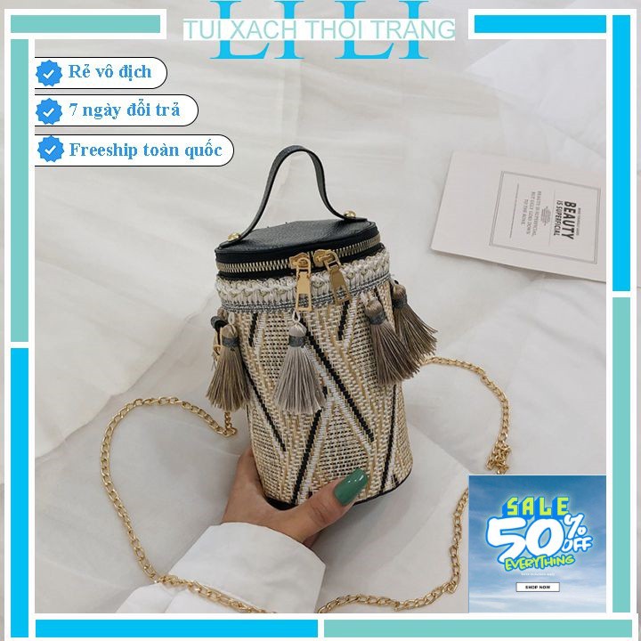 Túi đeo chéo mini 💖💖 Túi xách nữ dáng trụ họa tiết thổ cẩm size 18cm!! 0837 (có ảnh, video thật)