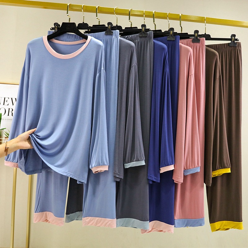 Bộ Đồ Ngủ 2 Món Gồm Áo Trơn Tay Dài Cổ Tròn + Quần Ống Rộng Phong Cách Hàn Quốc Thời Trang Mùa Hè Cho Nữ