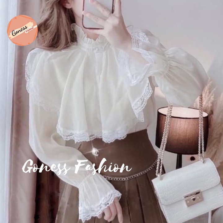 Áo sơ mi nữ Goness dài tay hai lớp phối ren công sở cao cấp kiểu cổ bèo đẹp nhiều màu sang trọng A12