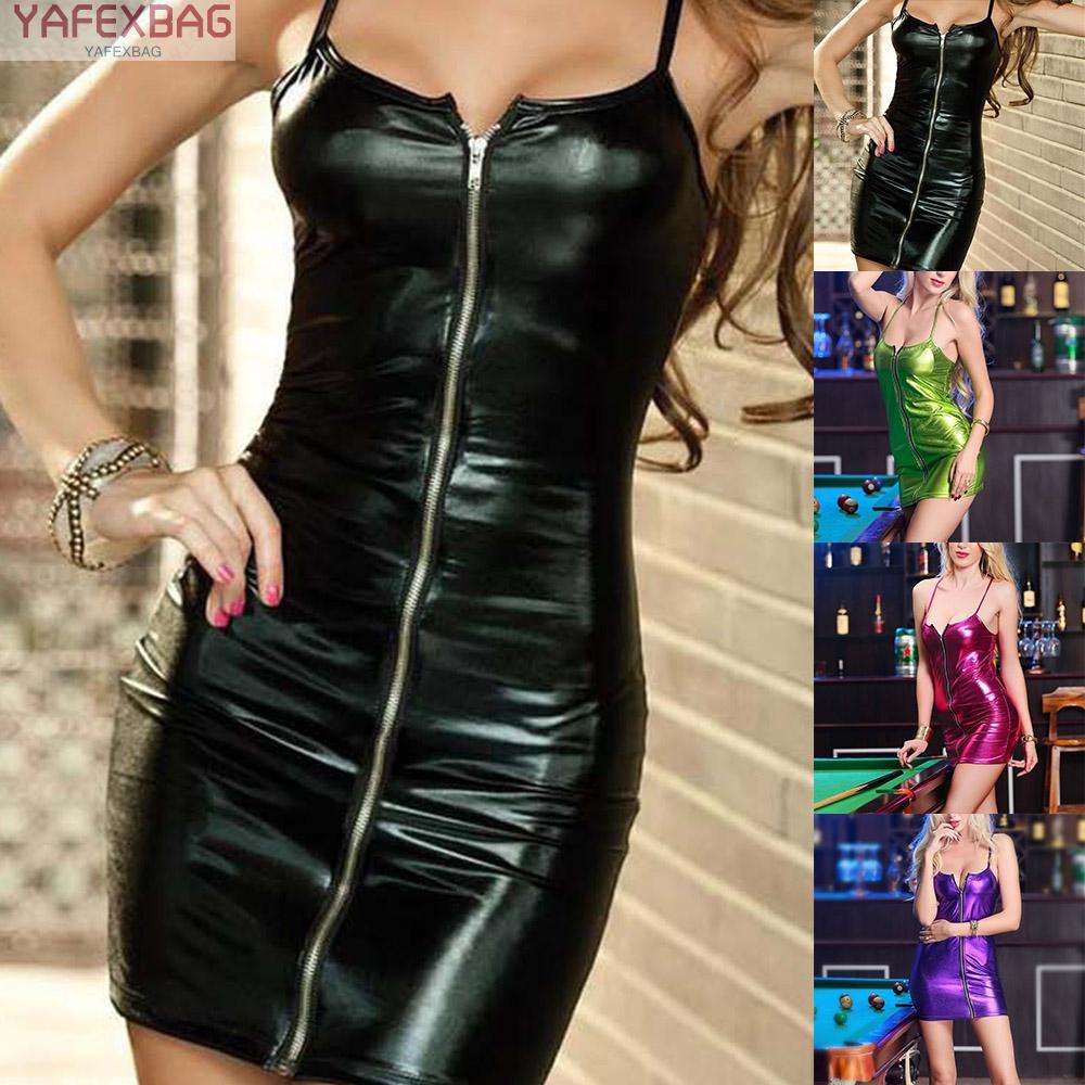 Womens Bodycon Dress Sexy Shiny Skirt Sleeveless Wet Look Bodycon Glossy