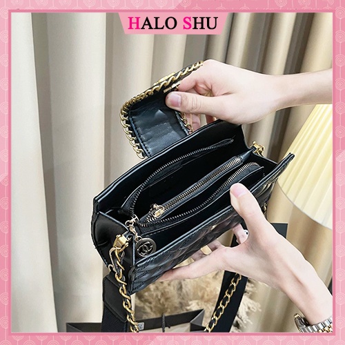 Túi đeo chéo, túi xách nữ dây phối xích nắp cúc HALO SHU mã DC005