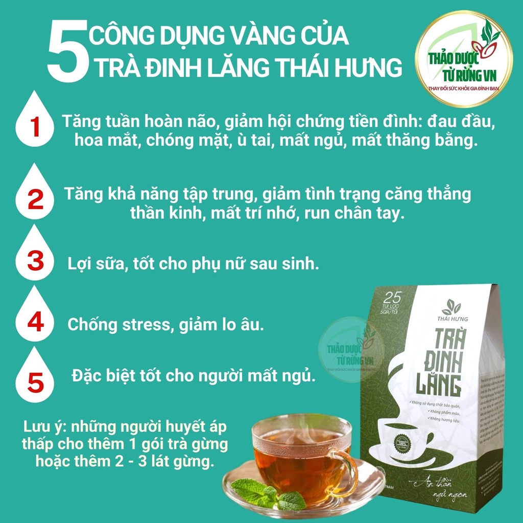 Trà Đinh Lăng Thái Hưng - Trà Thảo Mộc An Thần Ngủ Ngon, Giảm Stress 25 túi lọc 125g Thảo Dược Từ Rừng VN