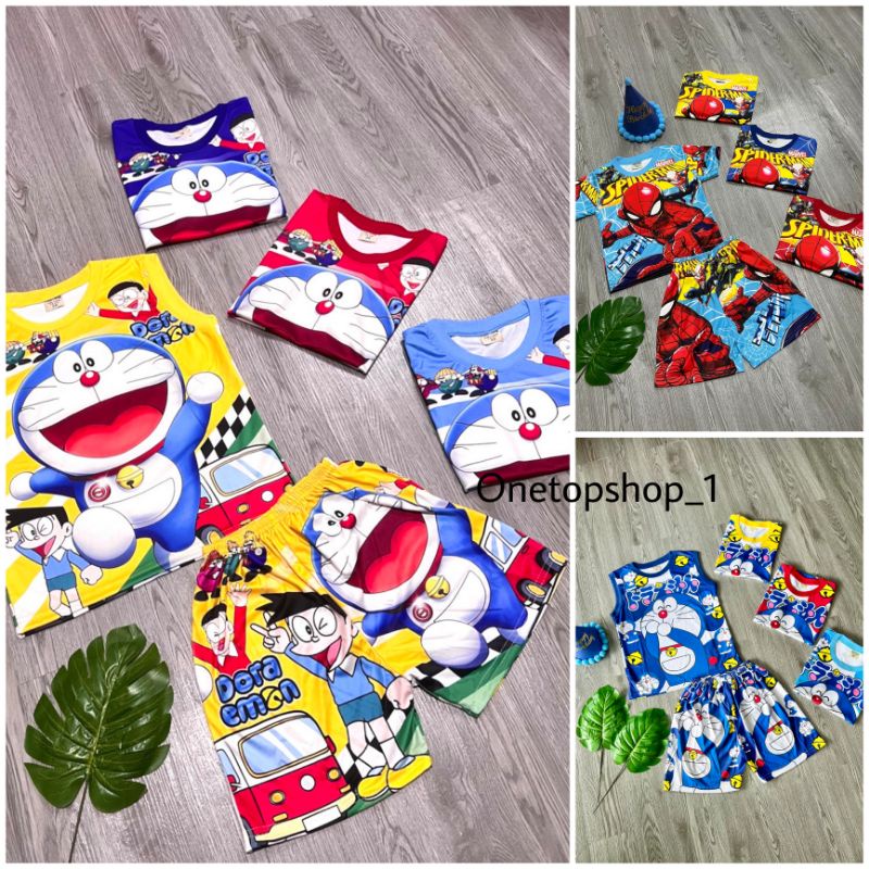 Đồ thun 3D trẻ em họa tiết người nhện và Doraemon