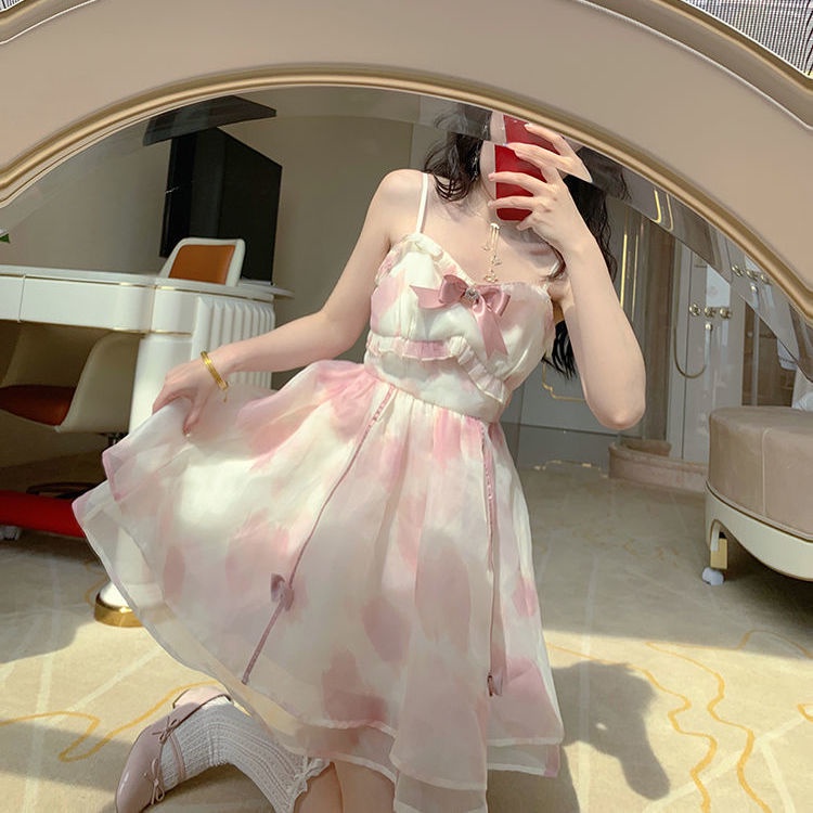 Đầm Hai Dây Mỏng Viền Nấm organza Không Lem Kiểu Pháp Ngọt Ngào Mùa Hè Ngọt Ngào Cho Nữ