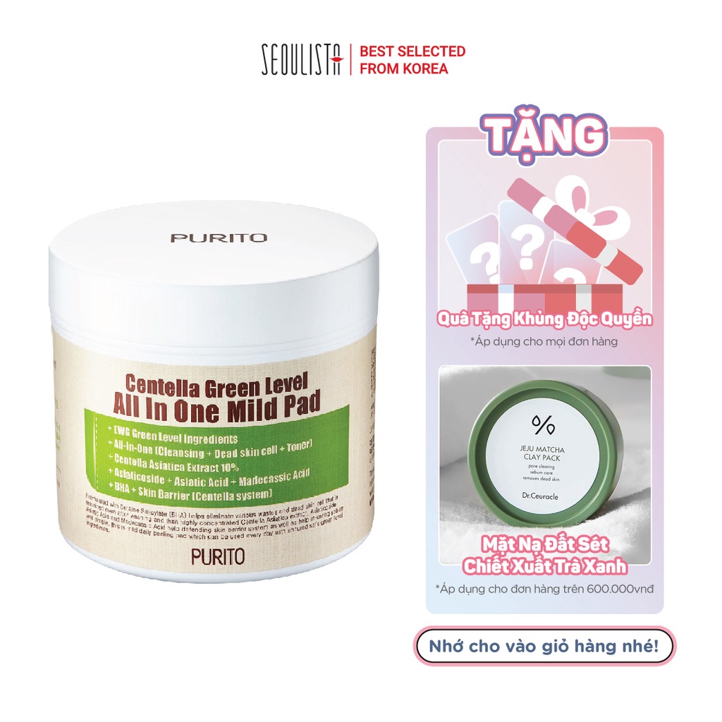 Miếng pad tẩy da chết làm dịu PURITO Centella Green Level All In One Mild Pad