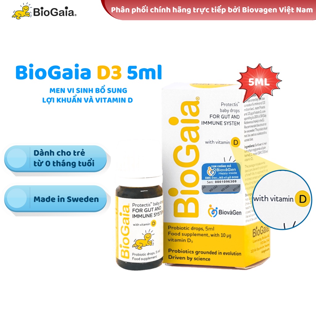Men vi sinh BioGaia ProTectis Drops Vitamin D3 cải thiện hệ tiêu hóa xuất xứ Thụy Điển dung tích 5ml