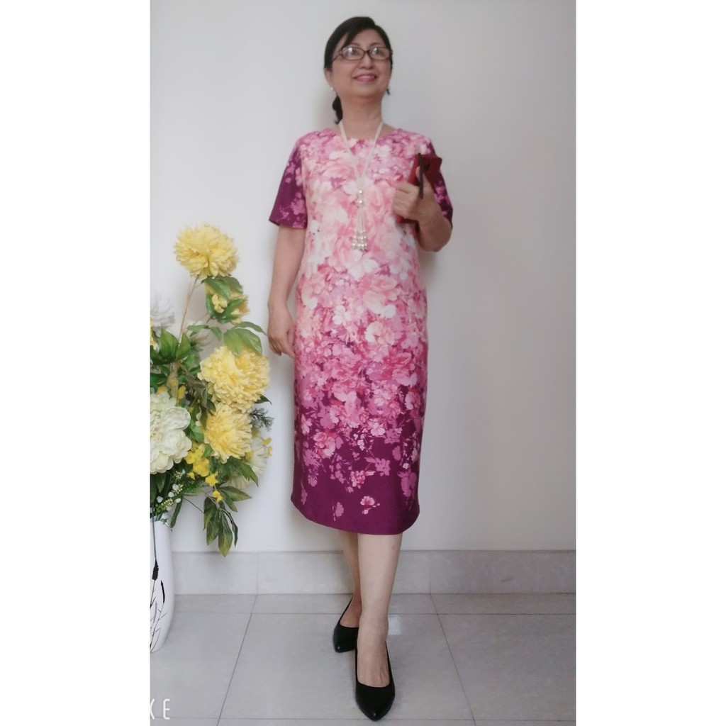 Size XL (61 - 70kg) - Đầm Trung Niên Dáng Suông Form Dài - Vải Xleo Co Giãn - Có Túi