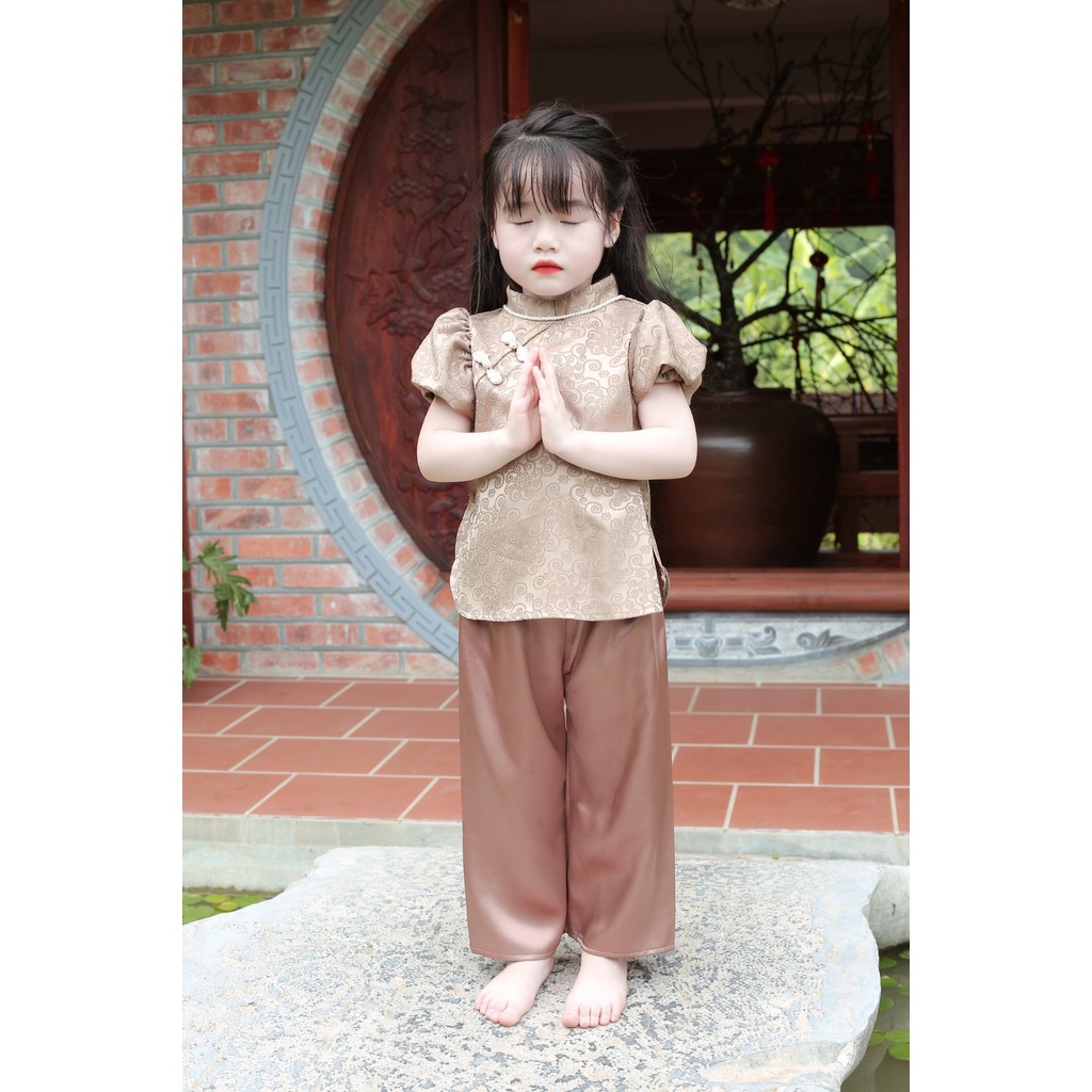 Đồ Lam Đi Chùa Bé - Bộ Đi Lễ Chùa Nữ Lụa Gấm Nổi Cao Cấp Hồng Kông Tay Phồng - BÉ-AL028