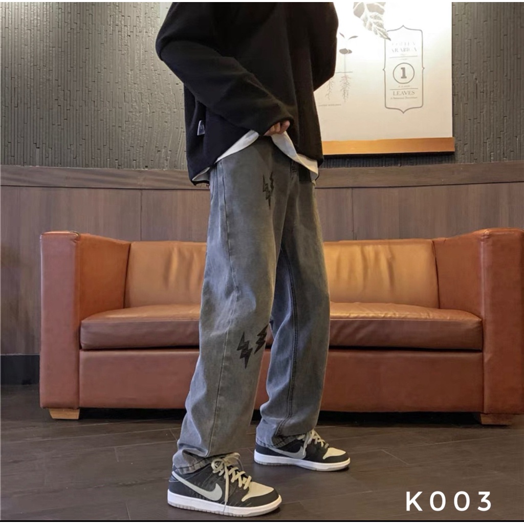 Quần jean baggy nam nữ thêu sấm sét mã k003 quần baggy ống suông dáng hàn quốc unisex kun shop