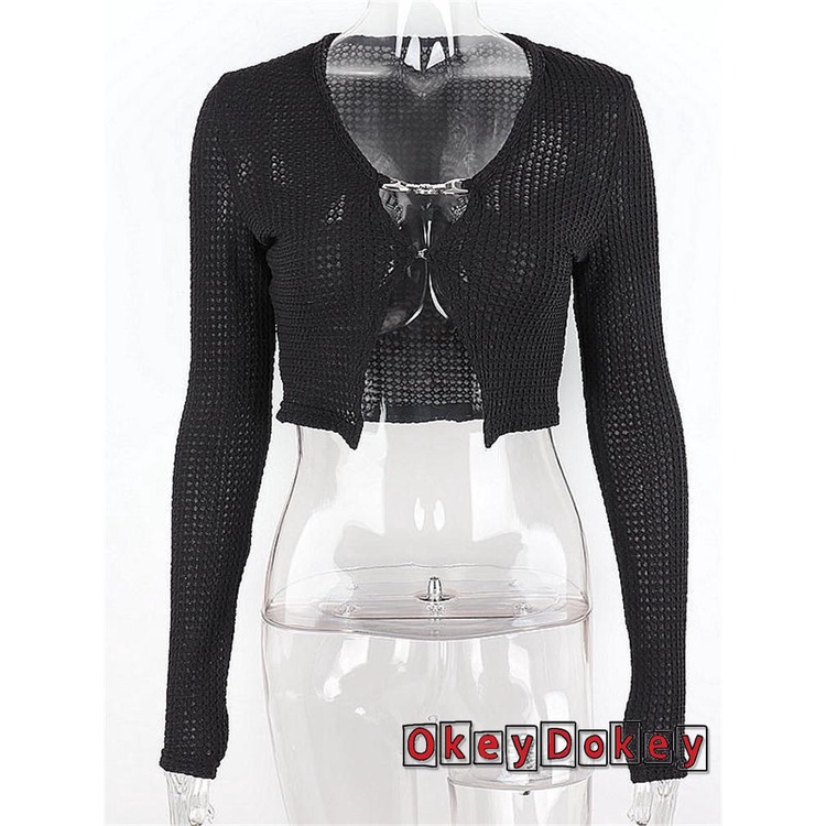 Áo Croptop Dệt Kim Tay Dài Cổ Chữ V Khoét Sâu Màu Đen Phối Dây Xích Trang Trí Quyến Rũ Cho Nữ