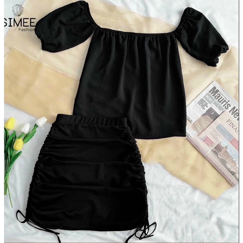 set áo kiểu trễ vai phồng tay mix chân váy rút dây 2 bên