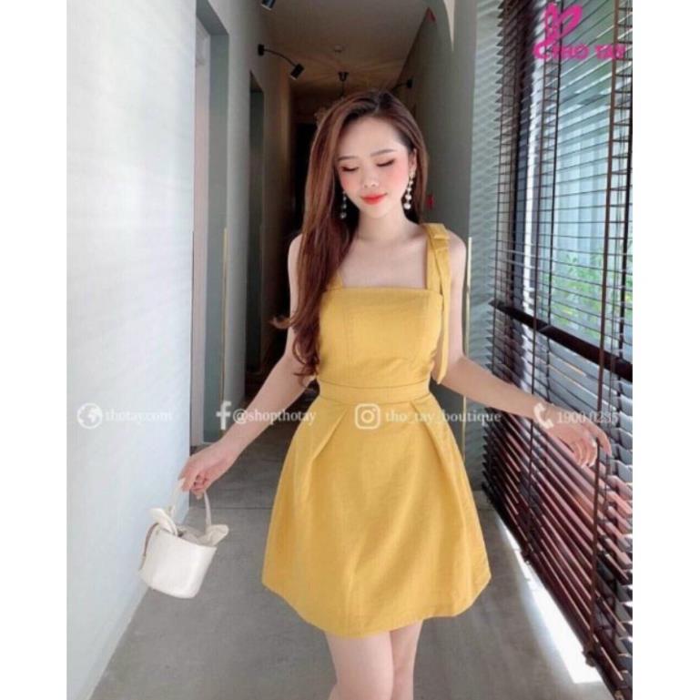 TSL-Ảnh thật, đầm xòe 2 dây nơ vai có mút ngực, vàng, hồng đỏ cam TASA thời trang nữ