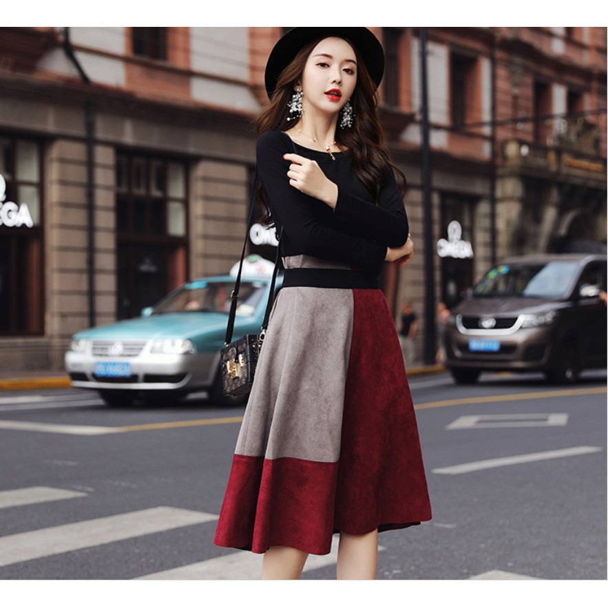Chân váy da lộn siêu chất kèm áo phong cách Hàn Quốc
