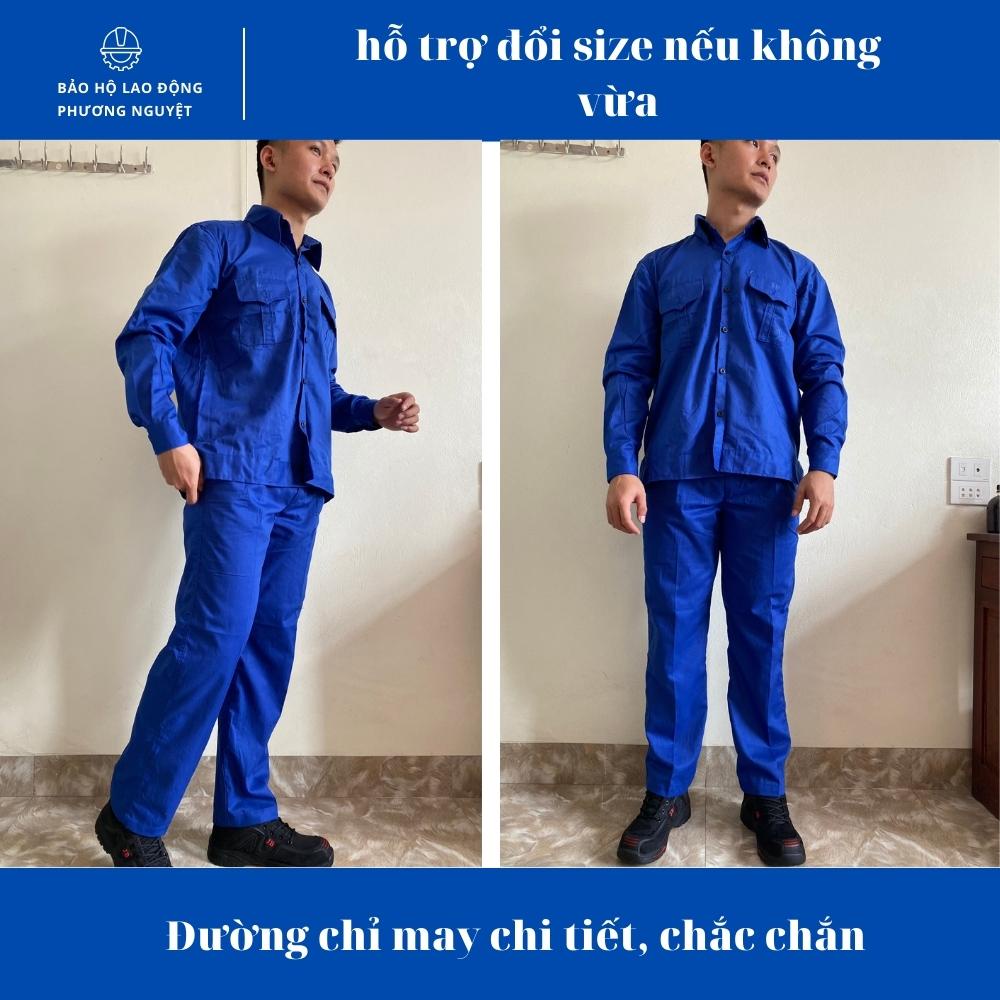 Quần áo bảo hộ lao động vải kaki 2/1, quần áo công nhân xanh dương hút ẩm tốt, thoáng mát, dễ chịu - bền màu