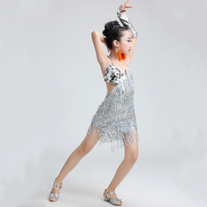 Đầm Khiêu Vũ Latin Đính Kim Sa Tua Rua Xinh Xắn Cho Bé Gái