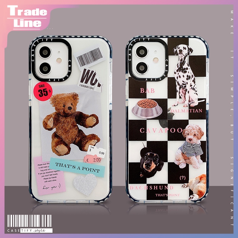 Cute Bear Sweet Bubble Black White Grid DOG Phone Case Casing IPhone 11 12 Pro Max X Xs Max XR 8 7 Plus Casetify Ốp lưng iphone viền trong chống ố