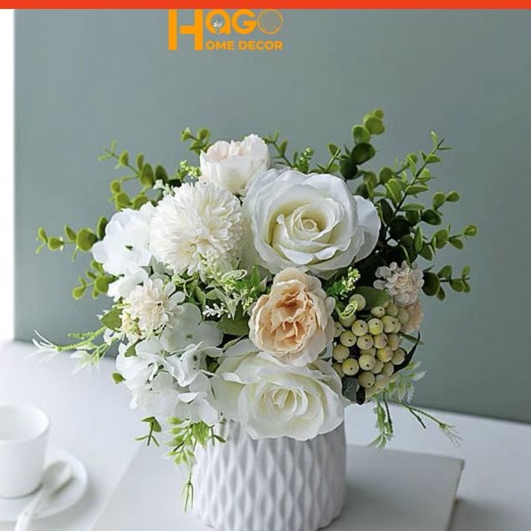 Hoa lụa, Bình hoa mix cắm sẵn cả bình và hoa phong cách hiện đại trang trí nhà cửa đẹp