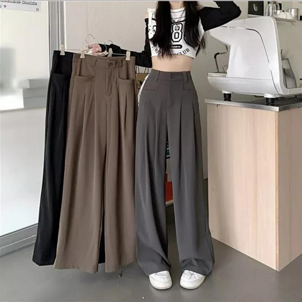 Quần tây ống suông , Quần vải nữ ống rộng dáng dài khóa kéo , Chất vải tuyết mưa túi ngang mặc công sở , đi chơi, đi làm