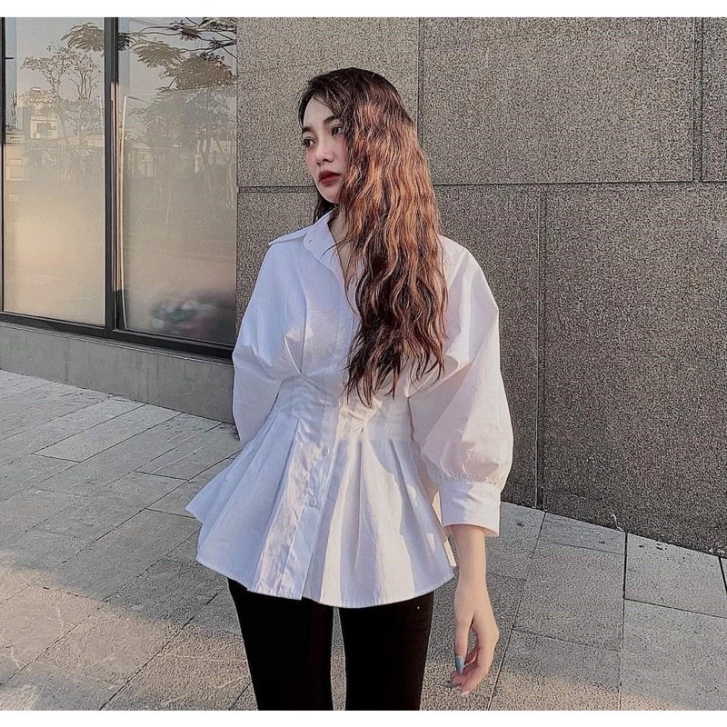 Áo Sơ Mi Trắng Nhún Eo Xinh Xắn (Hình Thật) Áo Sơmi Kiểu Chiết Eo Ulzzang Bánh Bèo