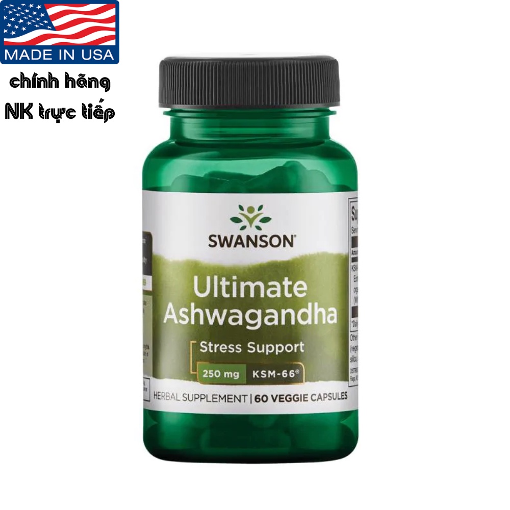 TPCN Aswagandha Swanson - Tốt cho tuyến giáp, hệ miễn dịch, cải thiện mụn viêm - 60 viên, uống 1-2 viên/ngày