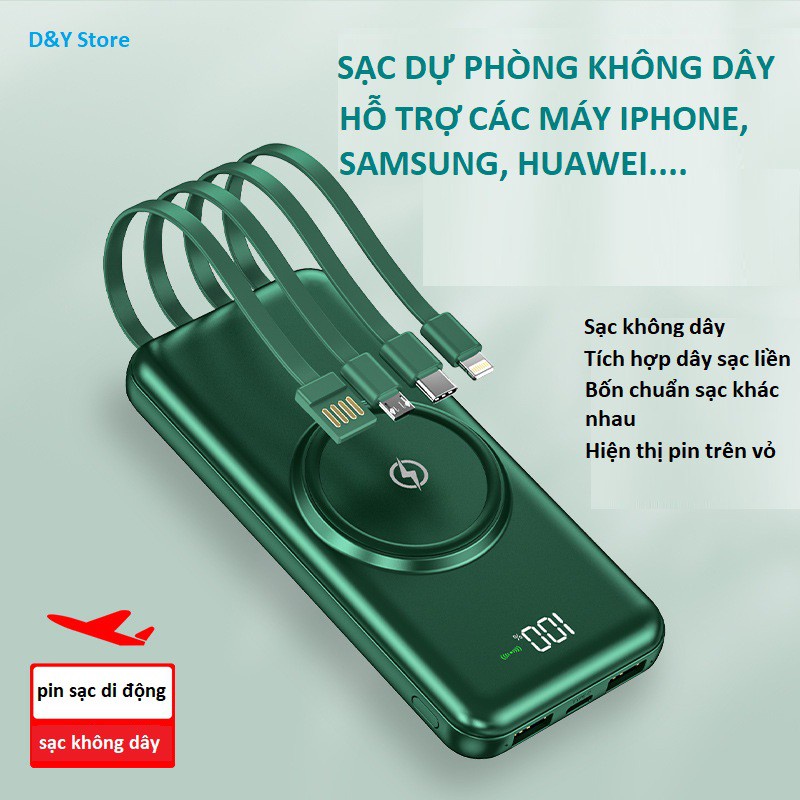 Sạc dự phòng không dây 20000mAh, kèm 4 dây sạc gắn liền, vỏ sạc chống sốc