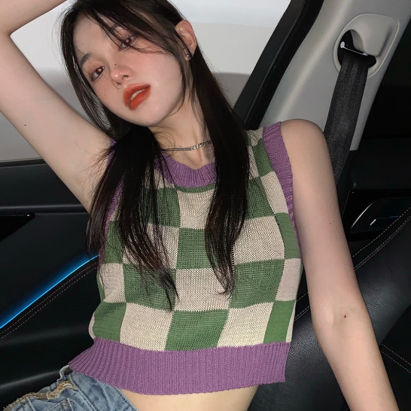 Áo Sweater Không Tay Họa Tiết Sọc Caro Màu Sắc Phong Cách Retro Hàn Quốc