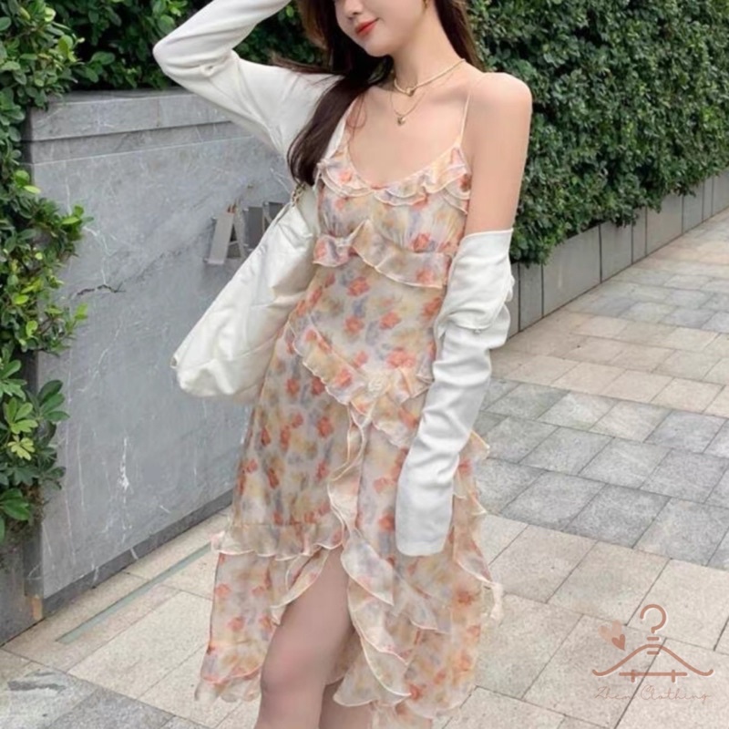Đầm hai dây hoa xẻ tà tầng chéo ngọt ngào, váy hai dây đi biển