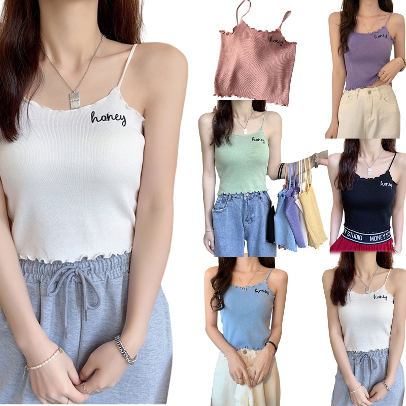Xiangbao Áo Croptop Dệt Kim Hai Dây Ôm Dáng Thêu Chữ Phong Cách Pháp Mùa Hè Cho Nữ