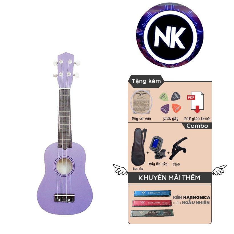 (MUA 1 ĐƯỢC 9) Đàn Ukulele Soprano 21" Full Phụ Kiện + Bao Da + Capo + Tuner + Kèn Harmonica