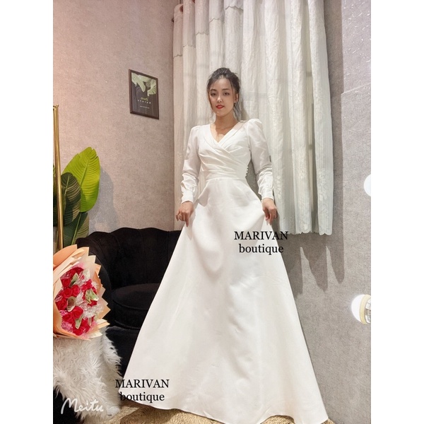 Đầm cưới cổ tim lá tay dài chuỗi Ngọc. Dài đầm 150cm