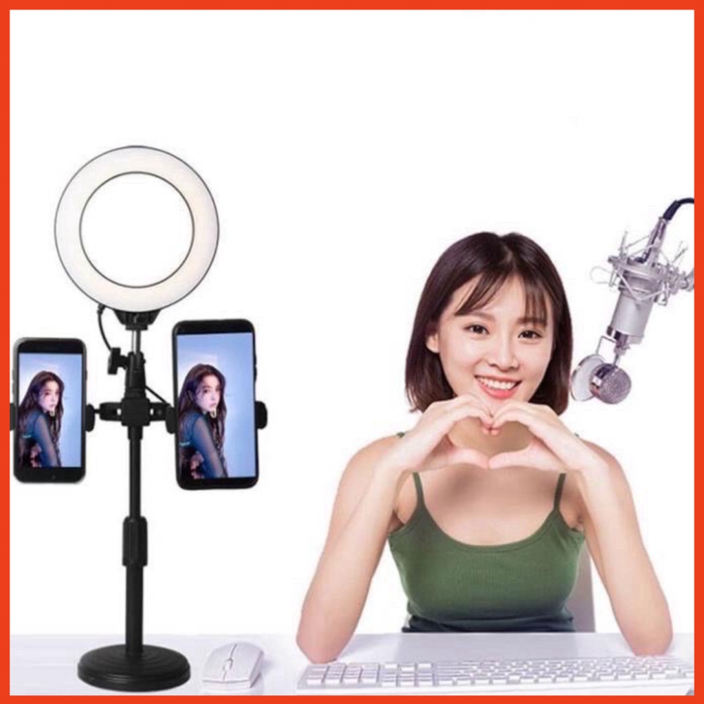 Đèn livestream 2 Kẹp Điện Thoại Để Bàn 3in1. Hỗ Trợ Chụp Ảnh Make Up Trang Điểm 3 Chế Độ Sáng