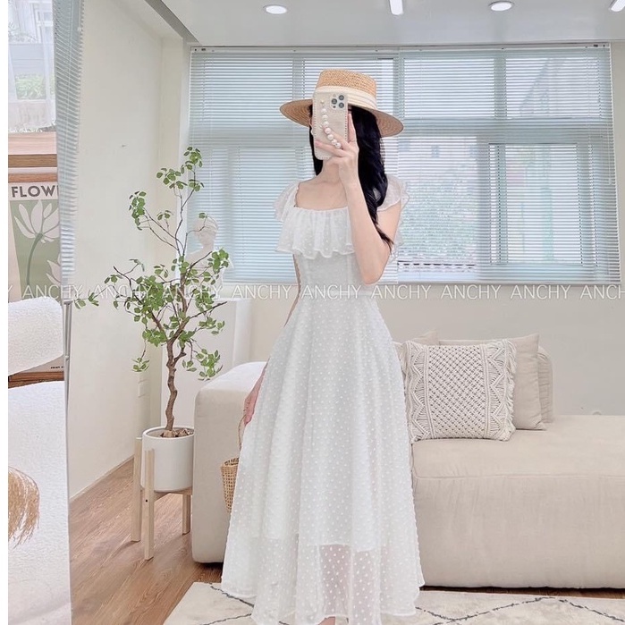 đầm thiết kế,đầm chấm bi nữ maxi dáng xòe phối bèo ngực trễ vai.