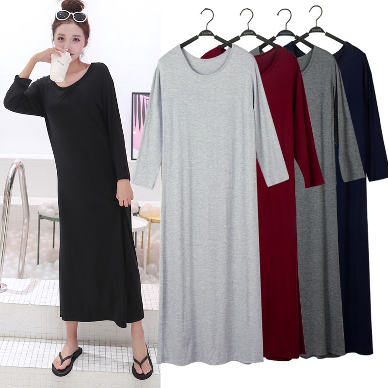 Đầm maxi dáng rộng cổ tròn tay dài họa tiết trơn có kích cỡ lớn 100KG mã C2002