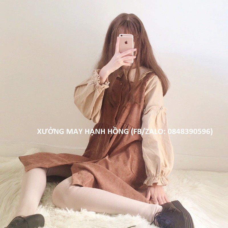 Đầm yếm nhung dáng suông dài Hàn Quốc , set yếm nữ 2 chi tiết áo tay phồng kết hợp váy yếm | BigBuy360 - bigbuy360.vn