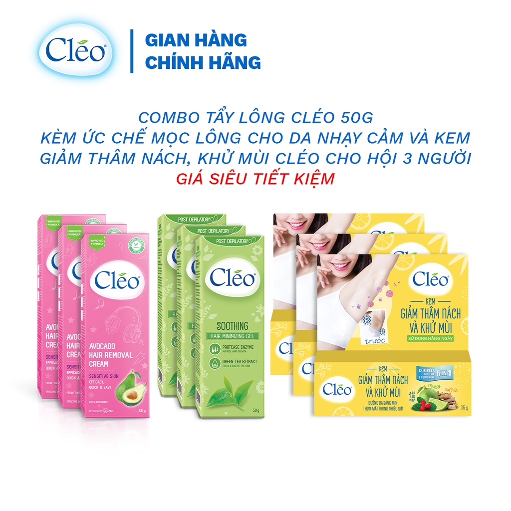 Combo tẩy lông nách Cleo 50g kèm ức chế mọc lông cho da nhạy cảm và kem giảm thâm nách, khử mùi Cleo cho hội 3 người