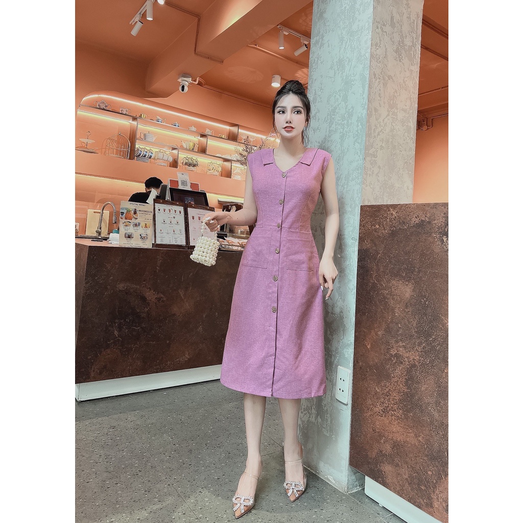 Đầm tiểu thư phối nút hai túi dễ thương màu xanh hồng