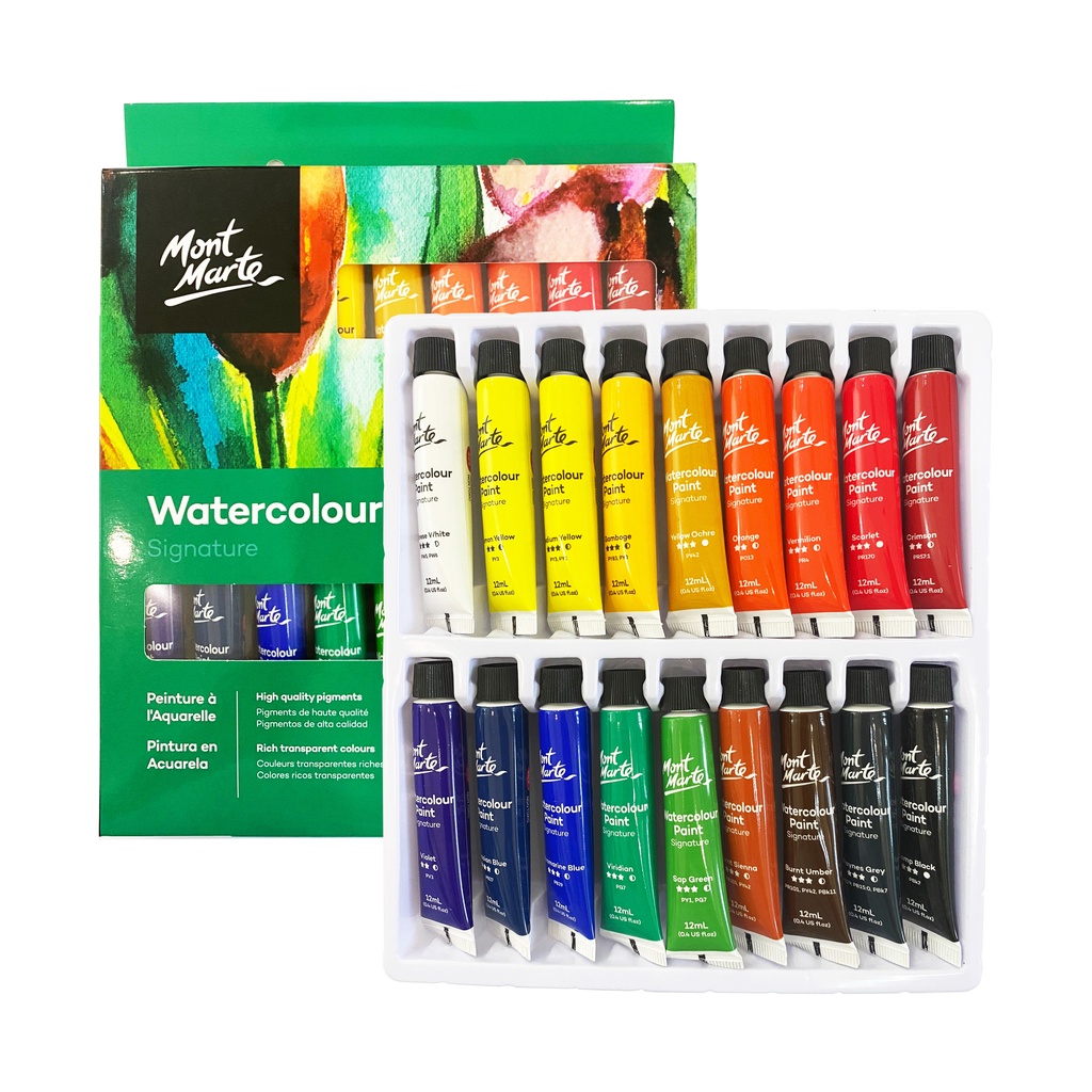 [Hỏa Tốc HCM] Bộ Màu Nước Mont Marte 12/18/24 Màu x 12ml - Watercolour Paints Signature - PMHS0027/PMHS0048/PMHS0049