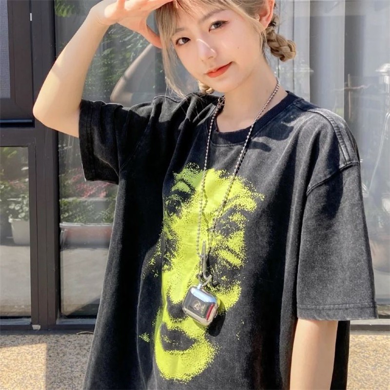 Đen Áo Thun Tay Ngắn Dáng Rộng In Họa Tiết Phong Cách Hip Hop Thời Trang Cho Nữ