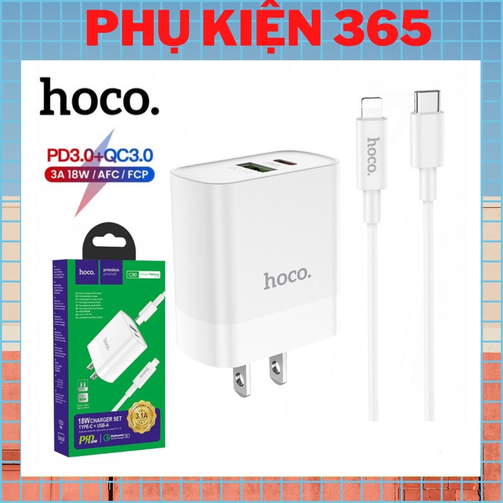 Bộ Sạc Nhanh Pd 20W QC 3.0 C80-Củ Sạc Kèm Dây Sạc Type c To dài 1m- Hàng chính hãng